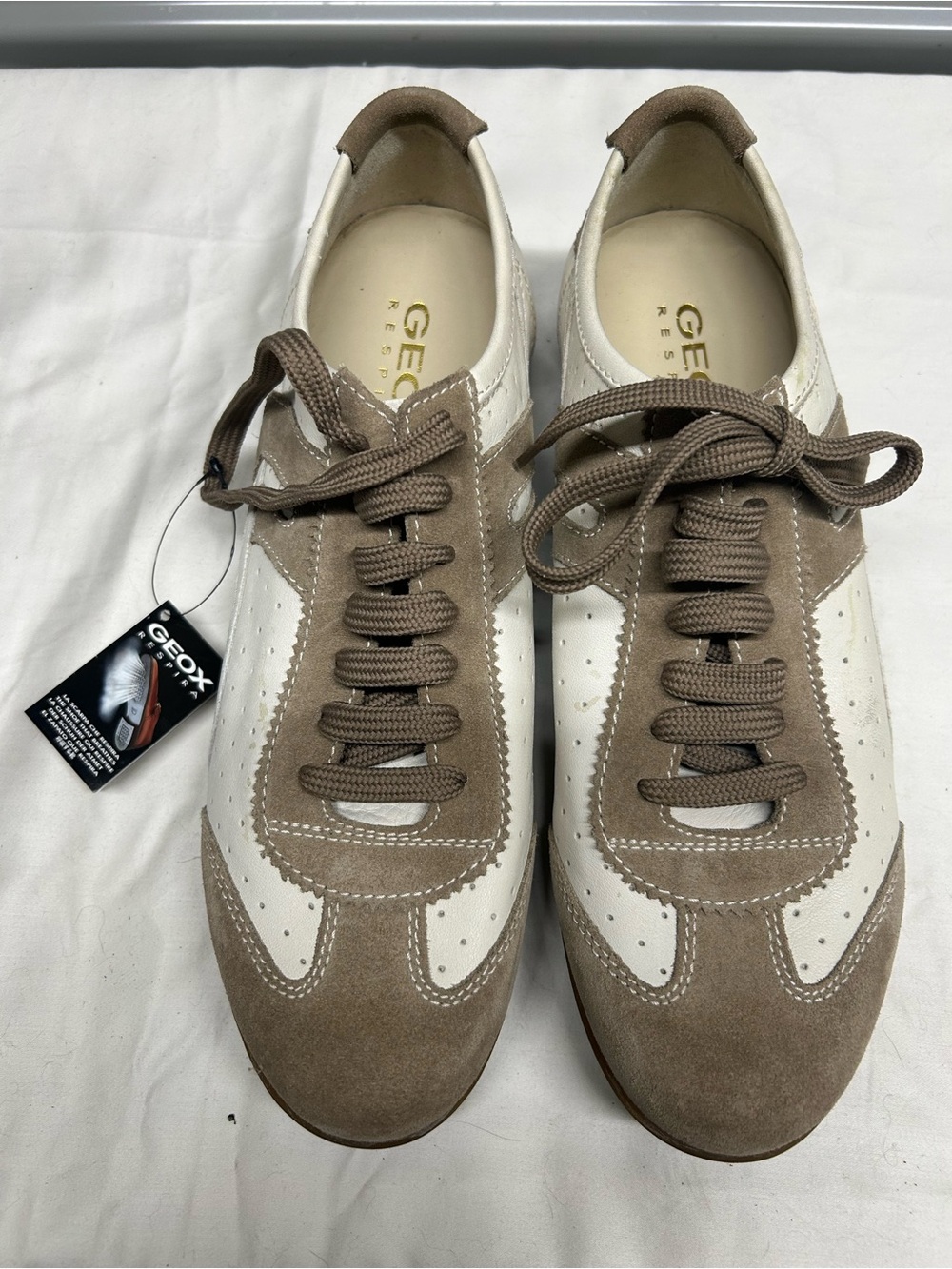 Geox Beige and White Suede Lace-Up Sneakers